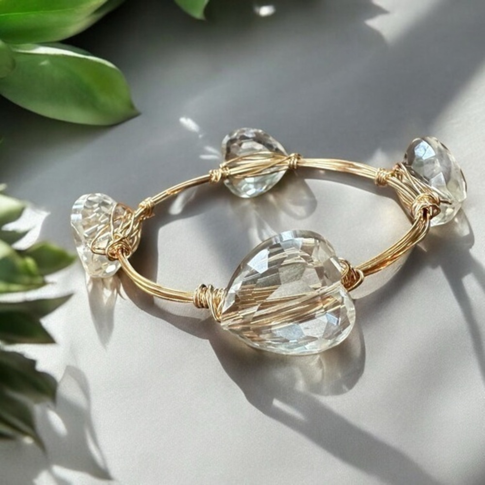 Hand Crafted Faceted Crystal Heart Wire Wrapped Stackable Bangle Bracelet